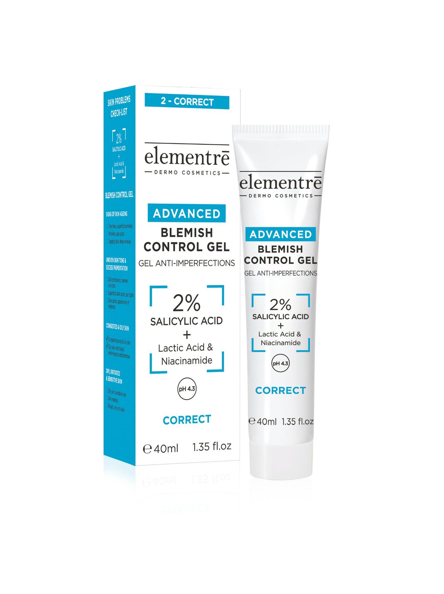 Elementre Advanced Blemish Control Gel packaging and tube on a white background
