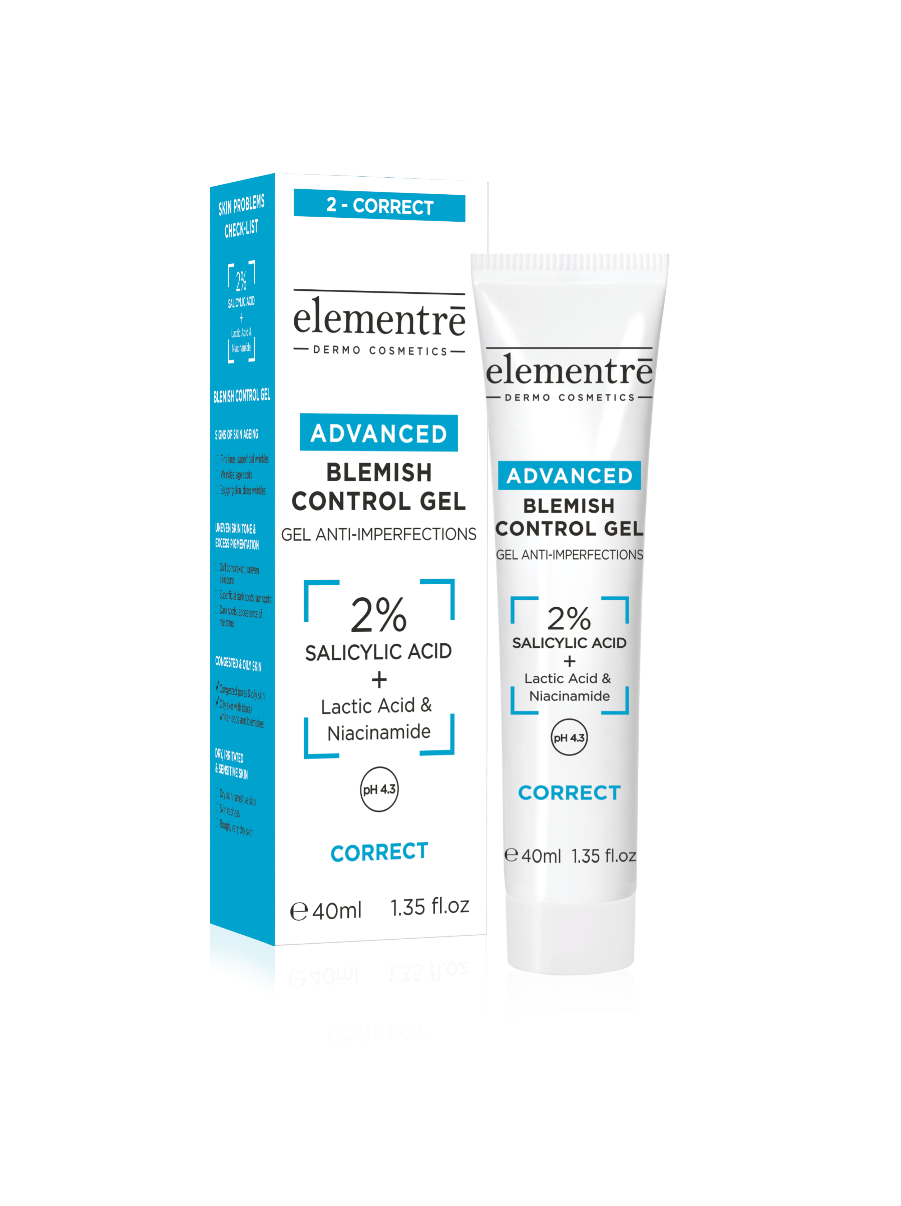 Elementre Advanced Blemish Control Gel packaging and tube on a white background