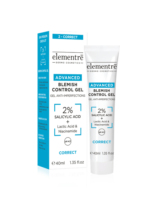 Elementre Advanced Blemish Control Gel packaging and tube on a white background